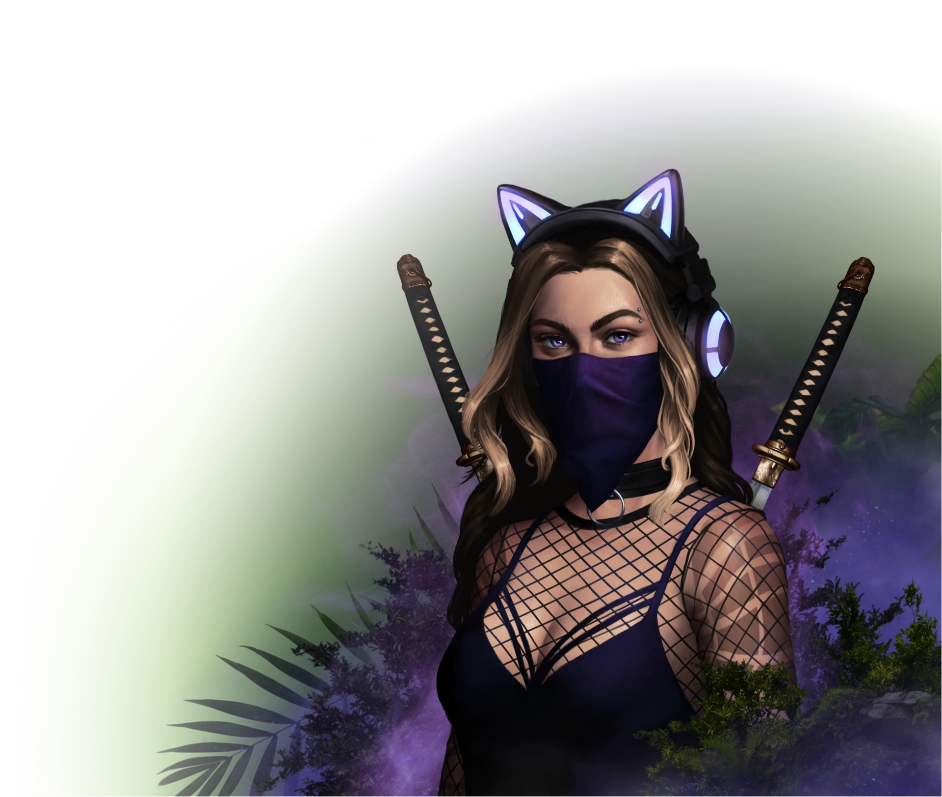 Animated female character carrying swords, and wearing a mask, glowing cat ears and headphones, and a mesh top